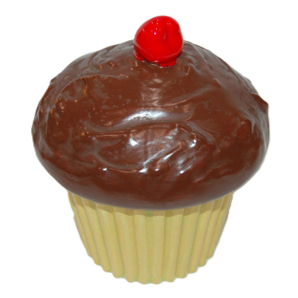 VINTAGE CERAMIC CHOCOLATE CUPCAKE 6" SMALL COOKIE / CANDY JAR CHERRY ON TOP LID